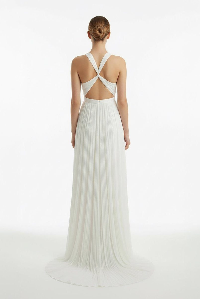 Sheath Halter Chiffon Plaited Dress With Special Back Design - KissProm