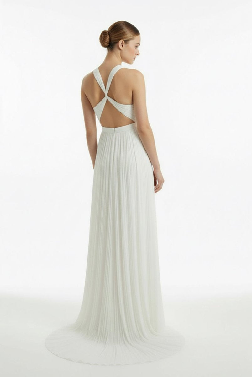 Sheath Halter Chiffon Plaited Dress With Special Back Design - KissProm