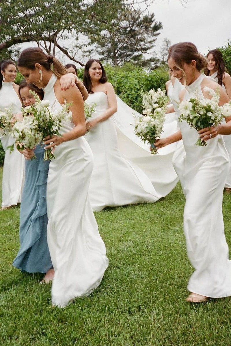 Sheath Halter White Silk Satin Long Bridesmaid Dresses, White / 12 Sheath Halter White Silk Satin Long Bridesmaid Dresses, White / 12