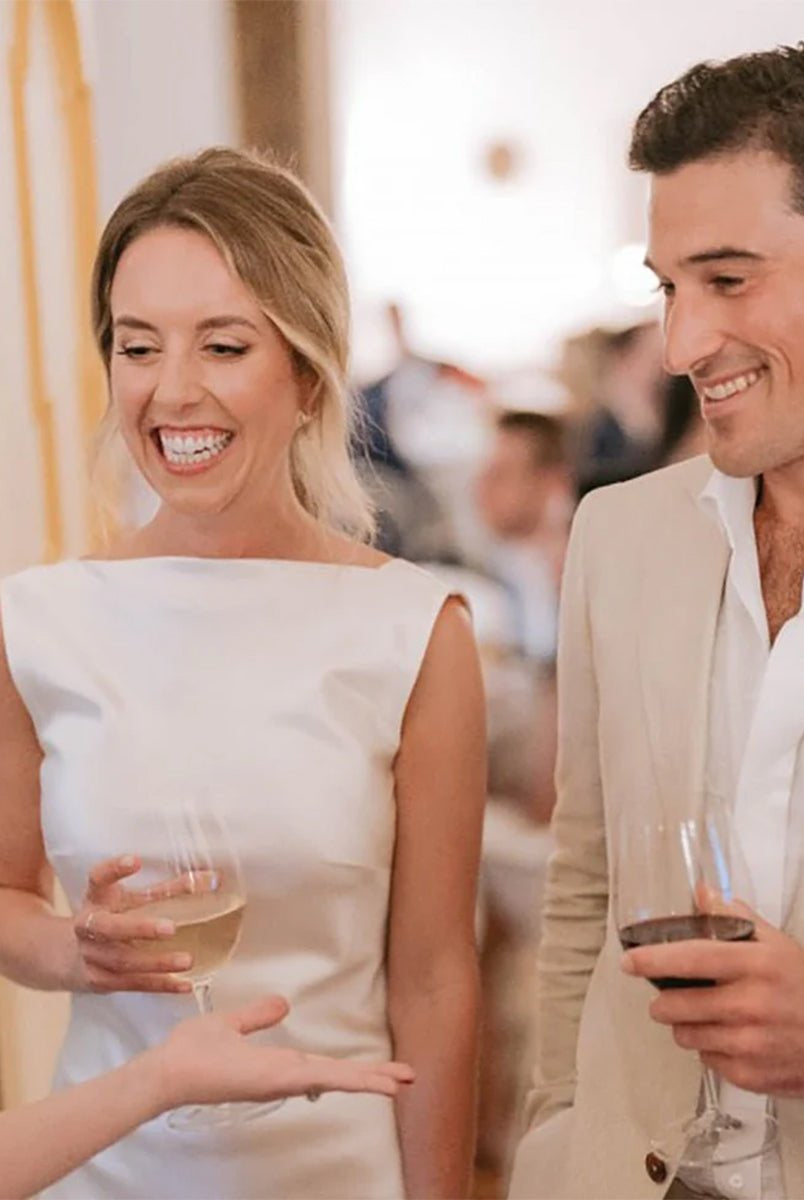 Sheath High Bateau Neck Backless Silk Satin Wedding Dress - KissProm