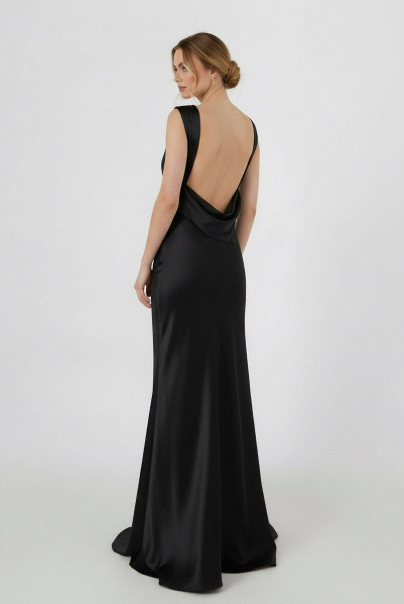 Sheath High Bateau Neck Backless Silk Satin Wedding Dress - KissProm