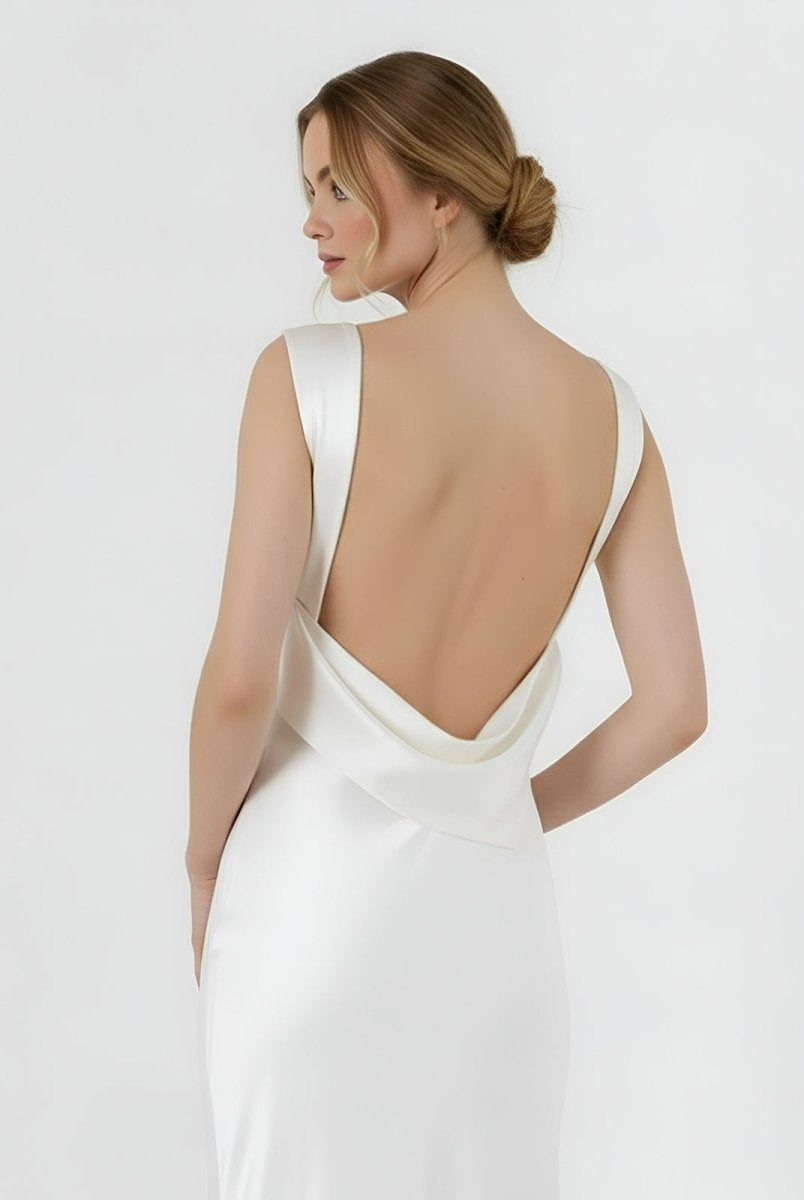 Sheath High Bateau Neck Backless Silk Satin Wedding Dress - KissProm