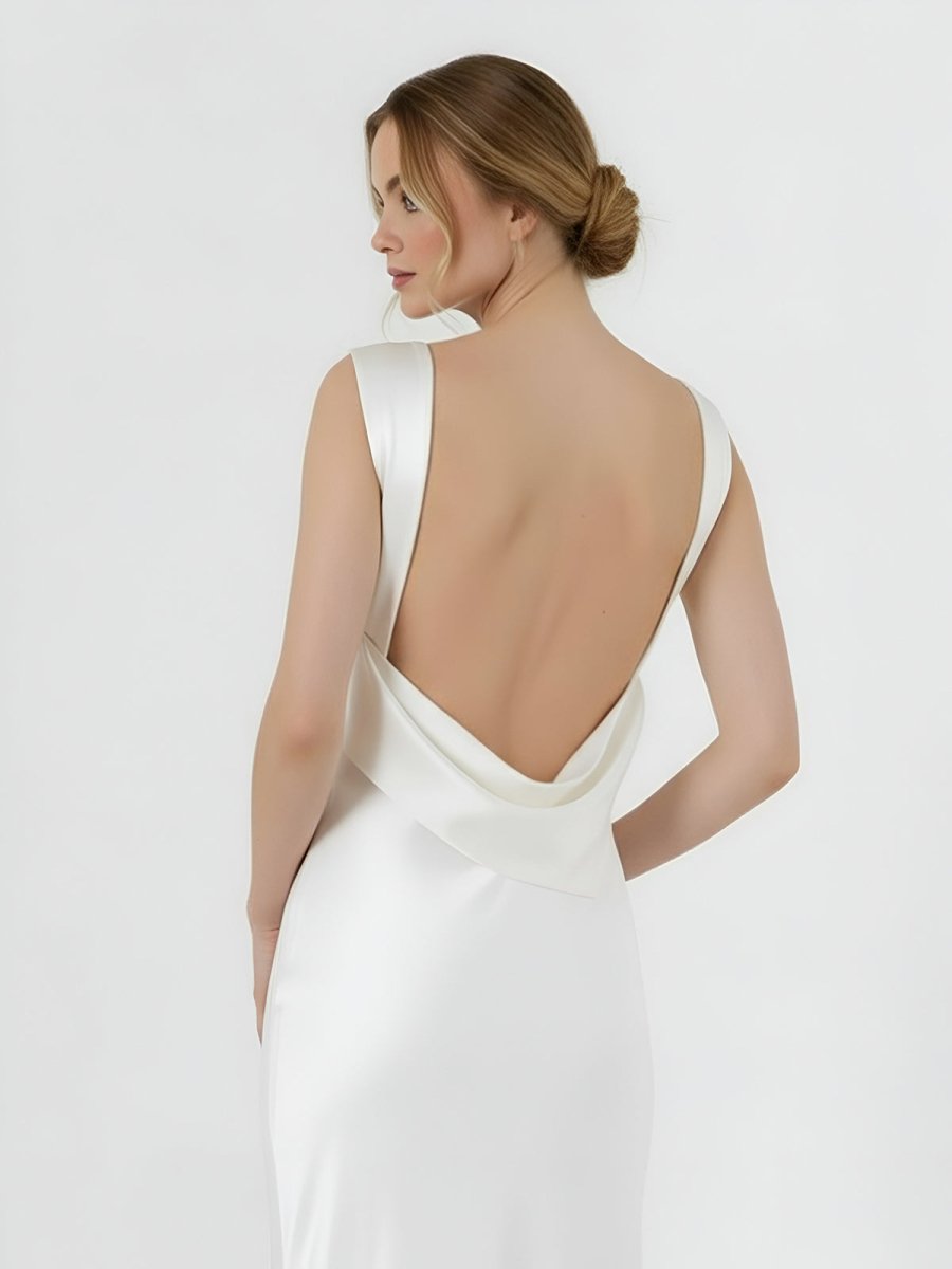Sheath High Bateau Neck Backless Silk Satin Wedding Dress - KissProm