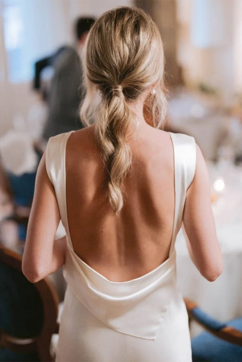 Sheath High Bateau Neck Backless Silk Satin Wedding Dress - KissProm