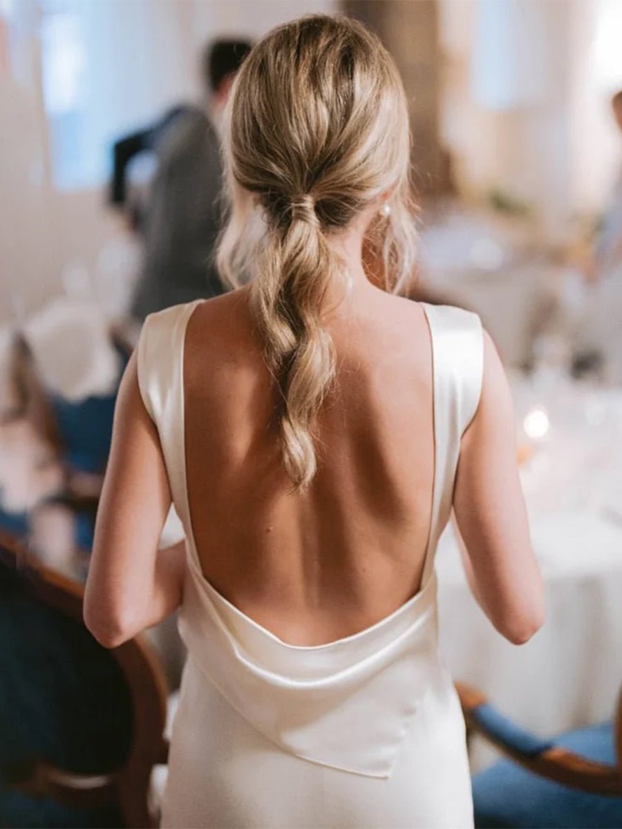 Sheath High Bateau Neck Backless Silk Satin Wedding Dress - KissProm