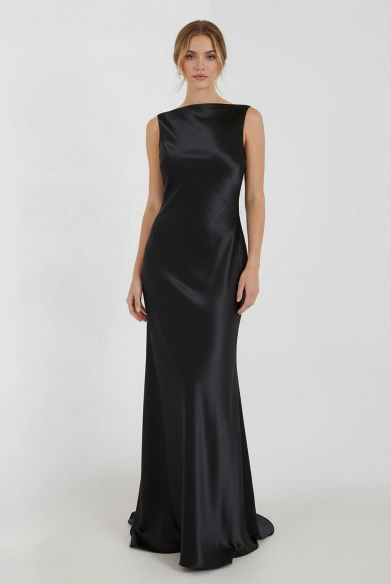 Sheath High Bateau Neck Backless Silk Satin Wedding Dress - KissProm