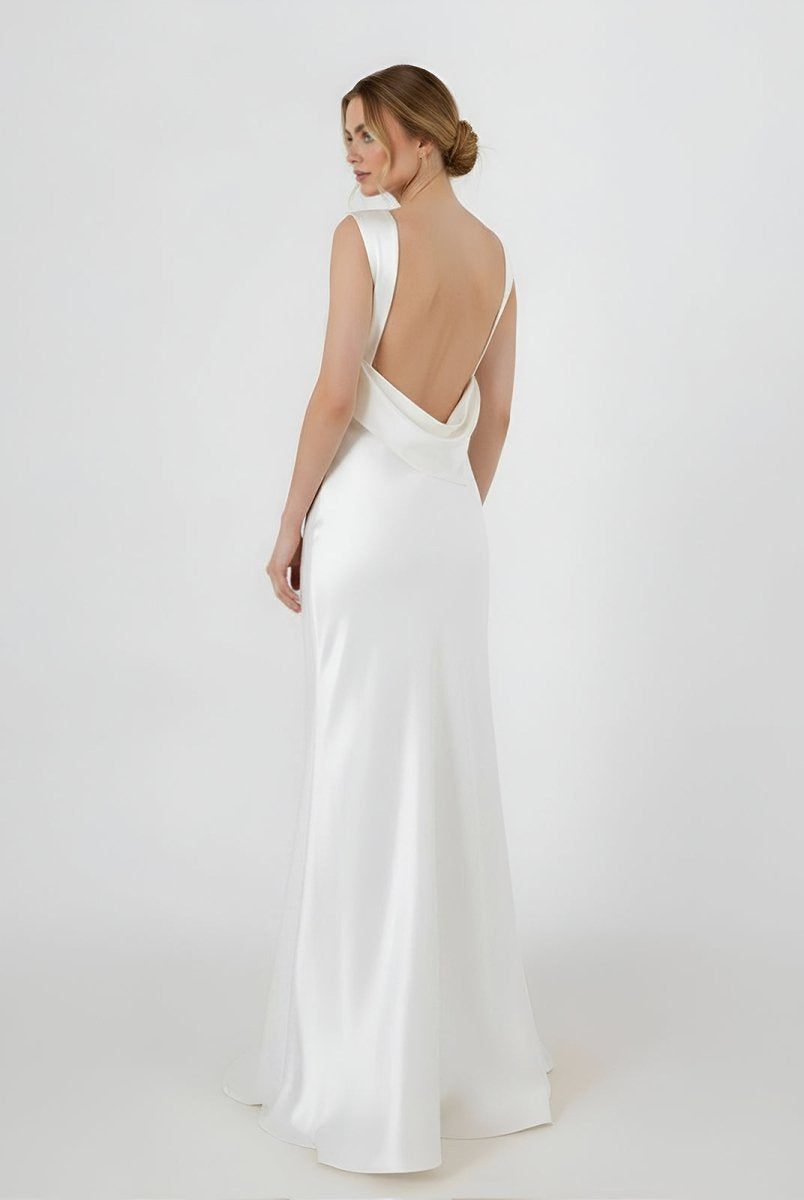 Sheath High Bateau Neck Backless Silk Satin Wedding Dress - KissProm