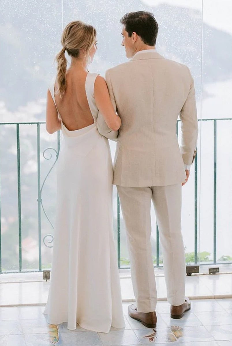 Sheath High Bateau Neck Backless Silk Satin Wedding Dress - KissProm