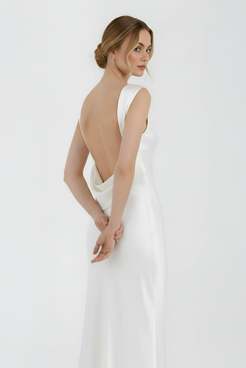 Sheath High Bateau Neck Backless Silk Satin Wedding Dress - KissProm