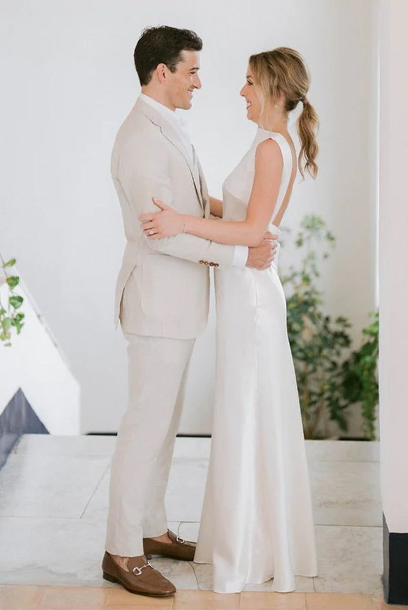 Sheath High Bateau Neck Backless Silk Satin Wedding Dress - KissProm