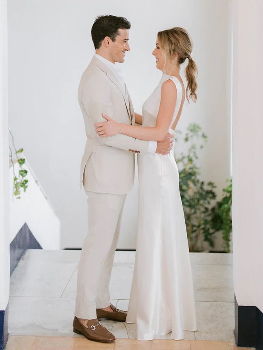 Sheath High Bateau Neck Backless Silk Satin Wedding Dress - KissProm