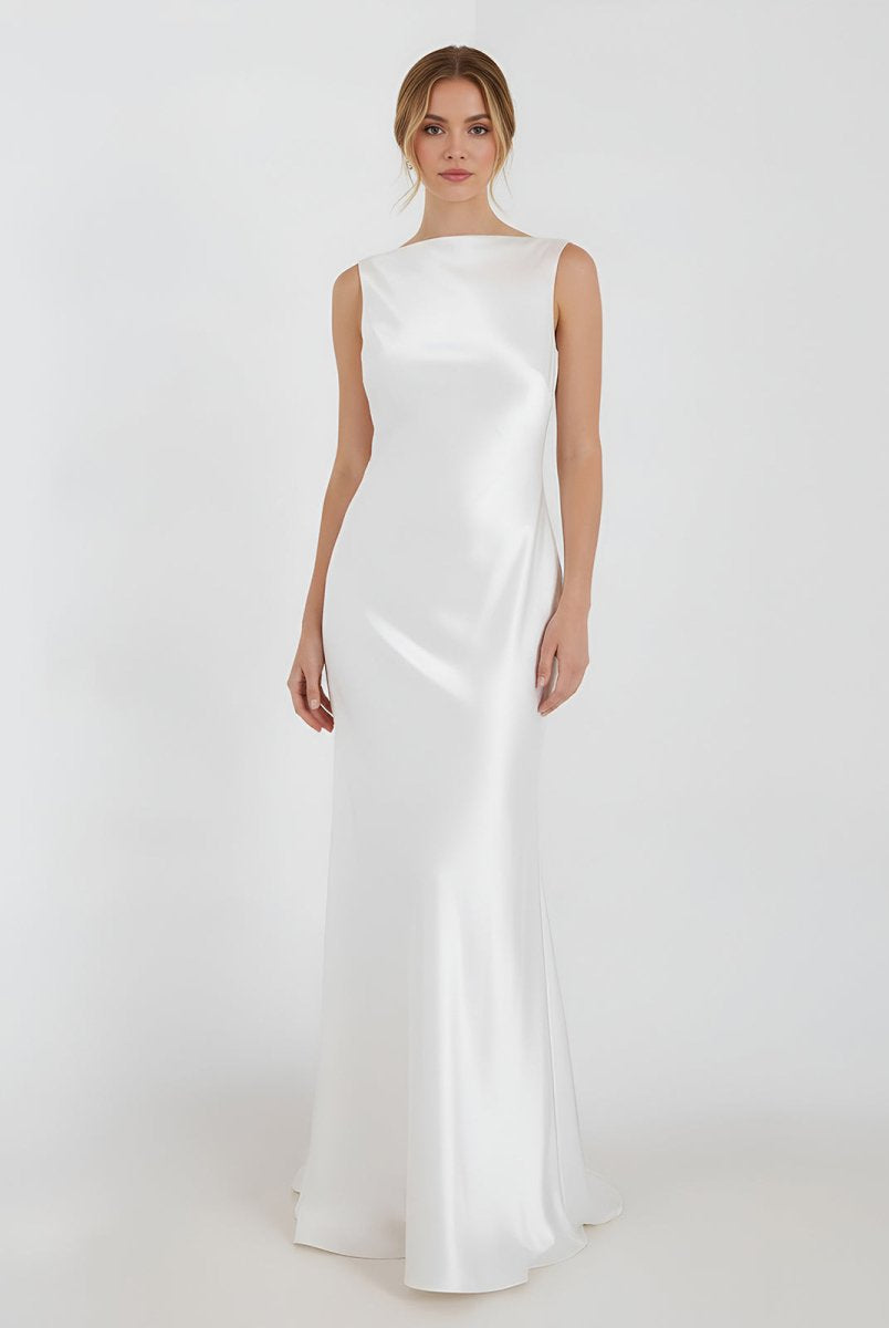 Sheath High Bateau Neck Backless Silk Satin Wedding Dress - KissProm