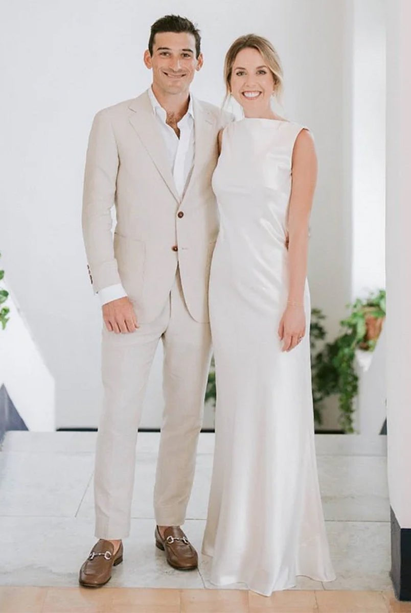 Sheath High Bateau Neck Backless Silk Satin Wedding Dress - KissProm