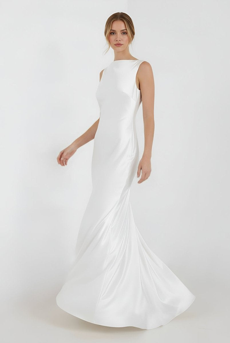 Sheath High Bateau Neck Backless Silk Satin Wedding Dress - KissProm