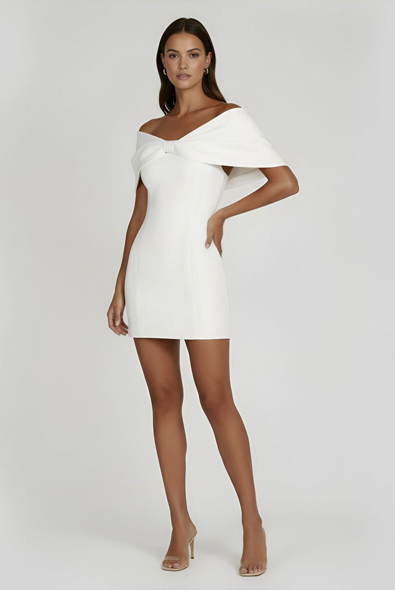 Ariadne | Sheath Off - The - Shoulder Sleeveless Satin Short Mini Wedding Dress With Bow - KissProm