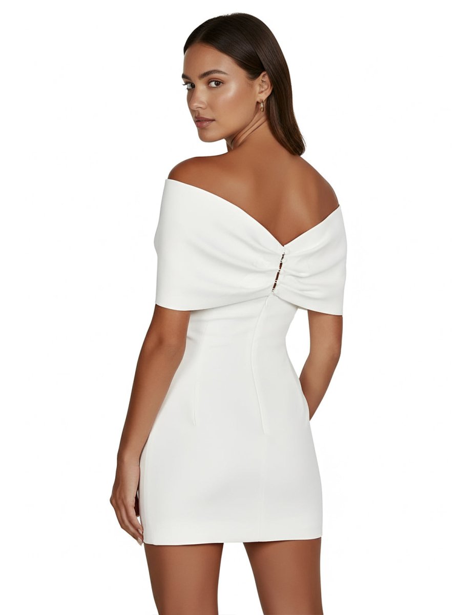 Ariadne | Sheath Off - The - Shoulder Sleeveless Satin Short Mini Wedding Dress With Bow - KissProm