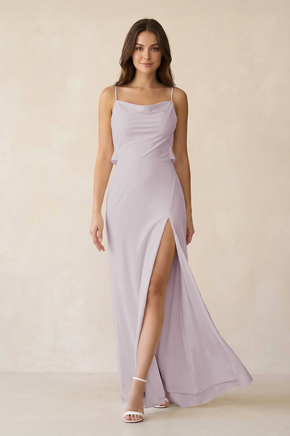 asymmetrical satin dress with side slits Asymmetric Beige Satin Dress with Yellow Accents & Side Slit main image 0