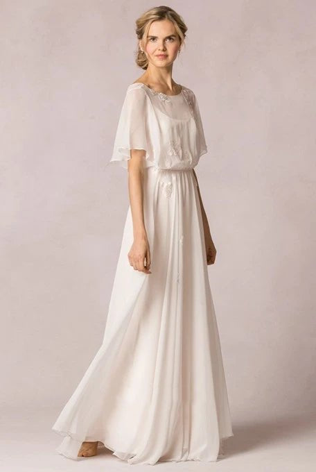 Sheath Scoop-Neck Floor-Length Poet-Sleeve Appliqued Chiffon Wedding Dress With Pleats