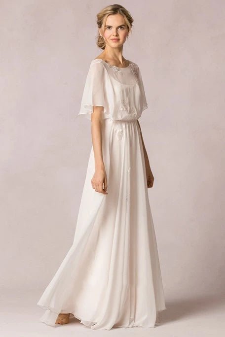 Sheath Scoop-Neck Floor-Length Poet-Sleeve Appliqued Chiffon Wedding Dress With Pleats