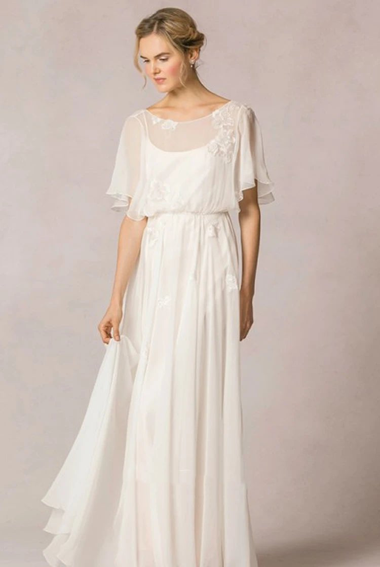 Sheath Scoop-Neck Floor-Length Poet-Sleeve Appliqued Chiffon Wedding Dress With Pleats