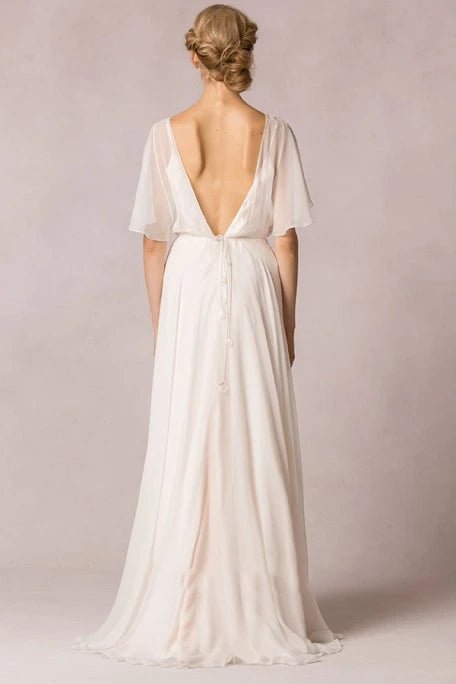 Sheath Scoop-Neck Floor-Length Poet-Sleeve Appliqued Chiffon Wedding Dress With Pleats