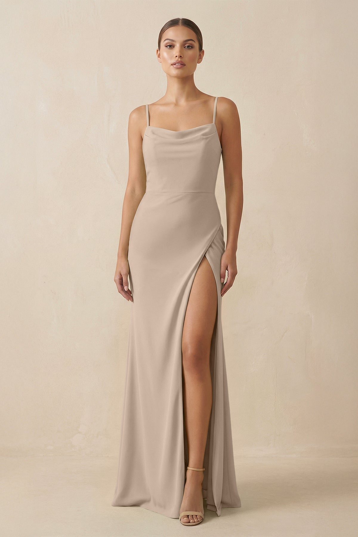 Sheath Spaghetti Straps Chiffon Long Bridesmaid Dress in Almond, Almond / 0 Sheath Spaghetti Straps Chiffon Long Bridesmaid Dress in Almond, Almond / 0