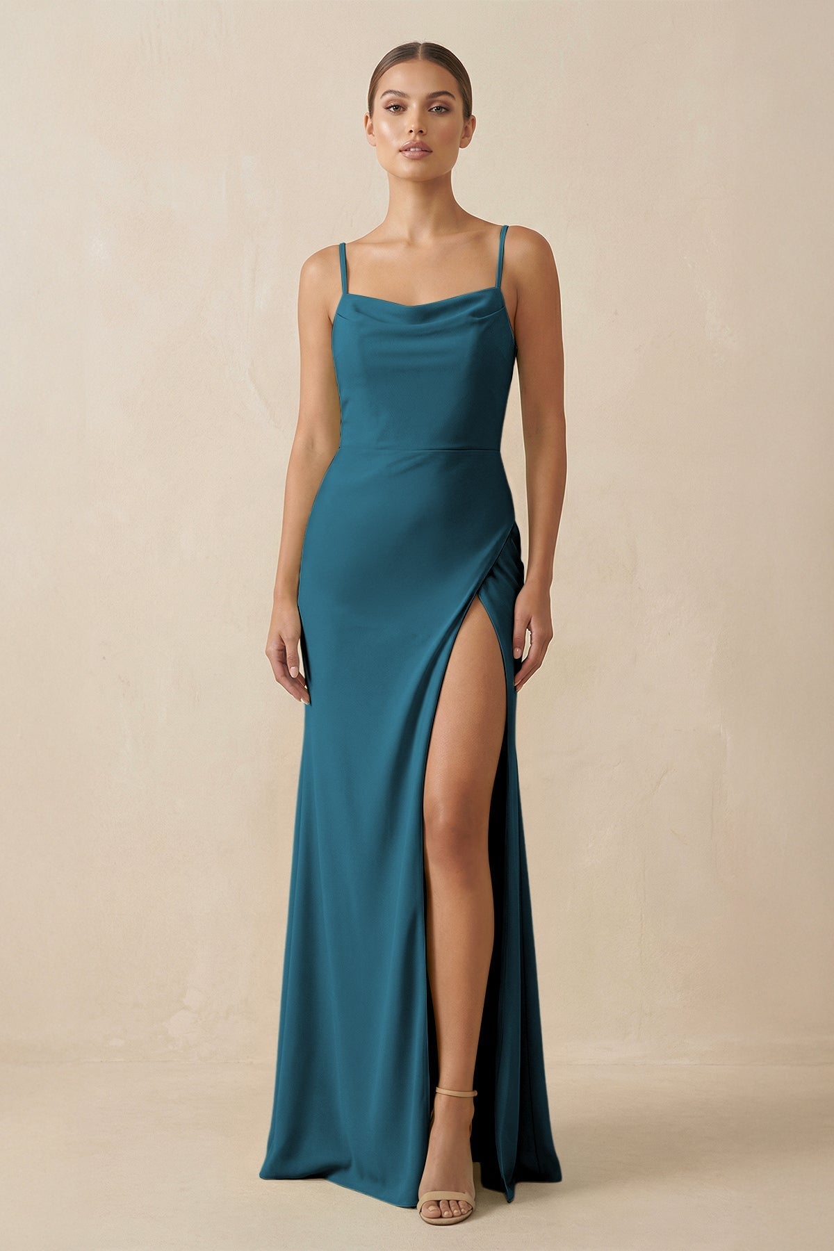 KissProm Sheath Spaghetti Straps Chiffon Long Bridesmaid Dress in Dark Teal, Dark Teal / 2