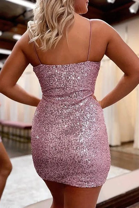 Sheath Spaghetti Straps Sequin Sexy Backless Homecoming Dress - KissProm