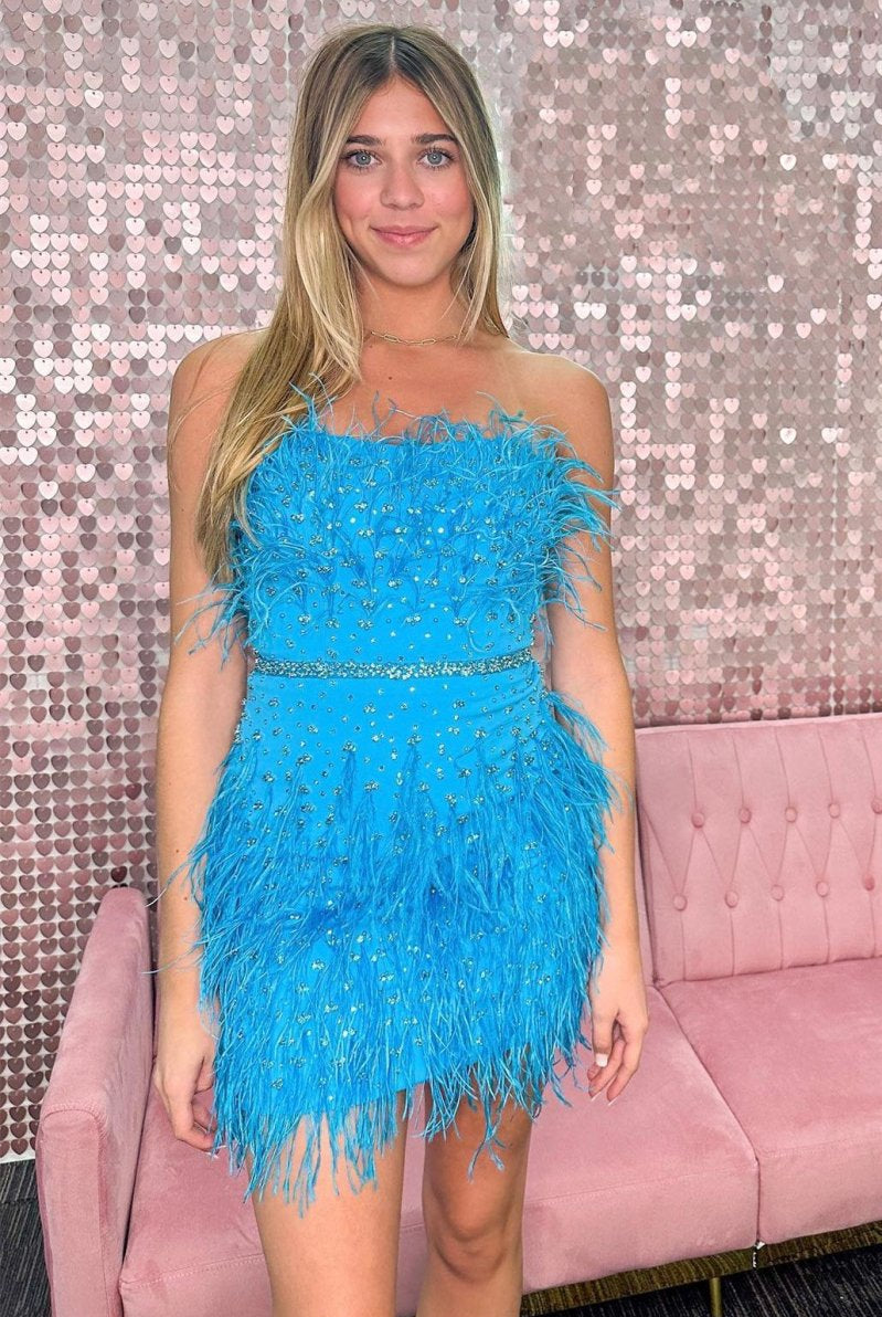 Moana | Sheath Strapless Hot Pink Feathers Short Homecoming Dress with Beaded Belt