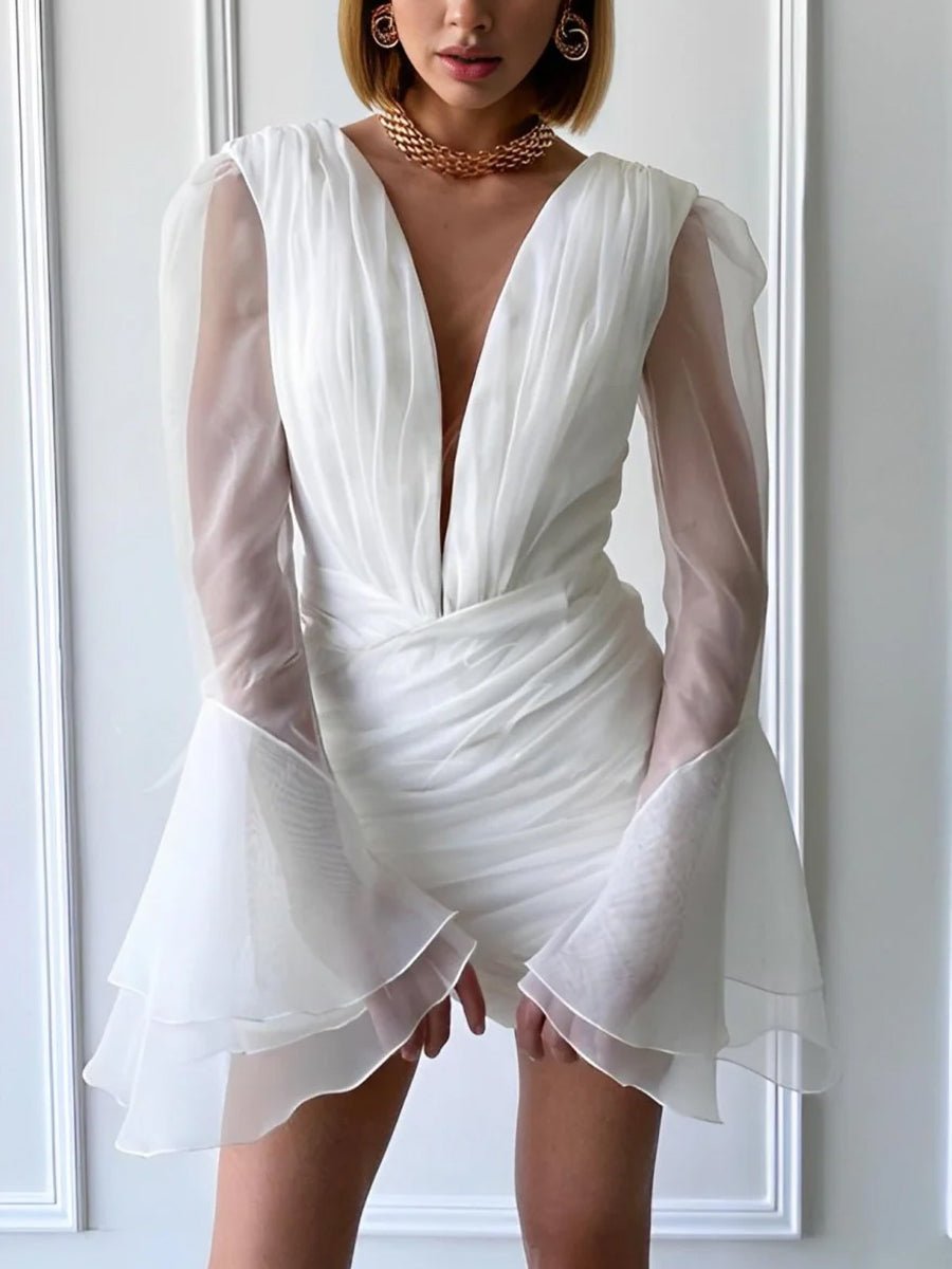 Sheath V - Neck Long Sleeves Short Mini Tulle Little White Wedding Dresses - KissProm