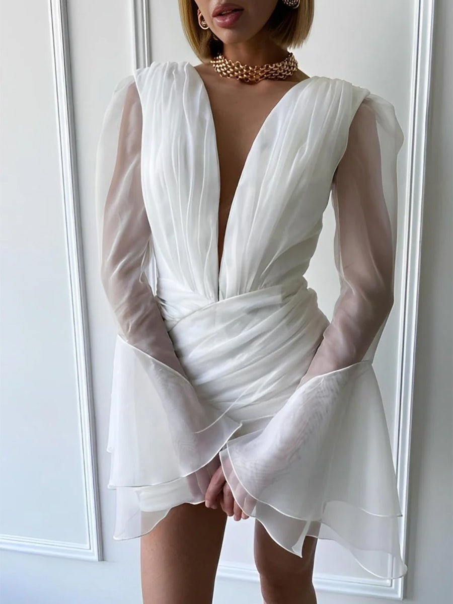 Sheath V - Neck Long Sleeves Short Mini Tulle Little White Wedding Dresses - KissProm