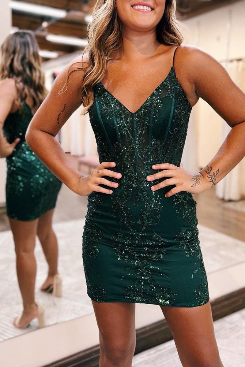 Sheath Dark Green V-neck Spaghetti Straps Bodice Mini Party Dresses Dark Green / 12 Sheath Dark Green V-neck Spaghetti Straps Bodice Mini Party Dresses Dark Green / 12