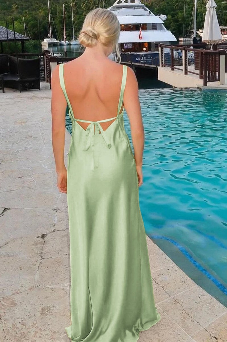 Sheath V - Neck Tie - Back Maxi Dress with Slit in Yellow - KissProm