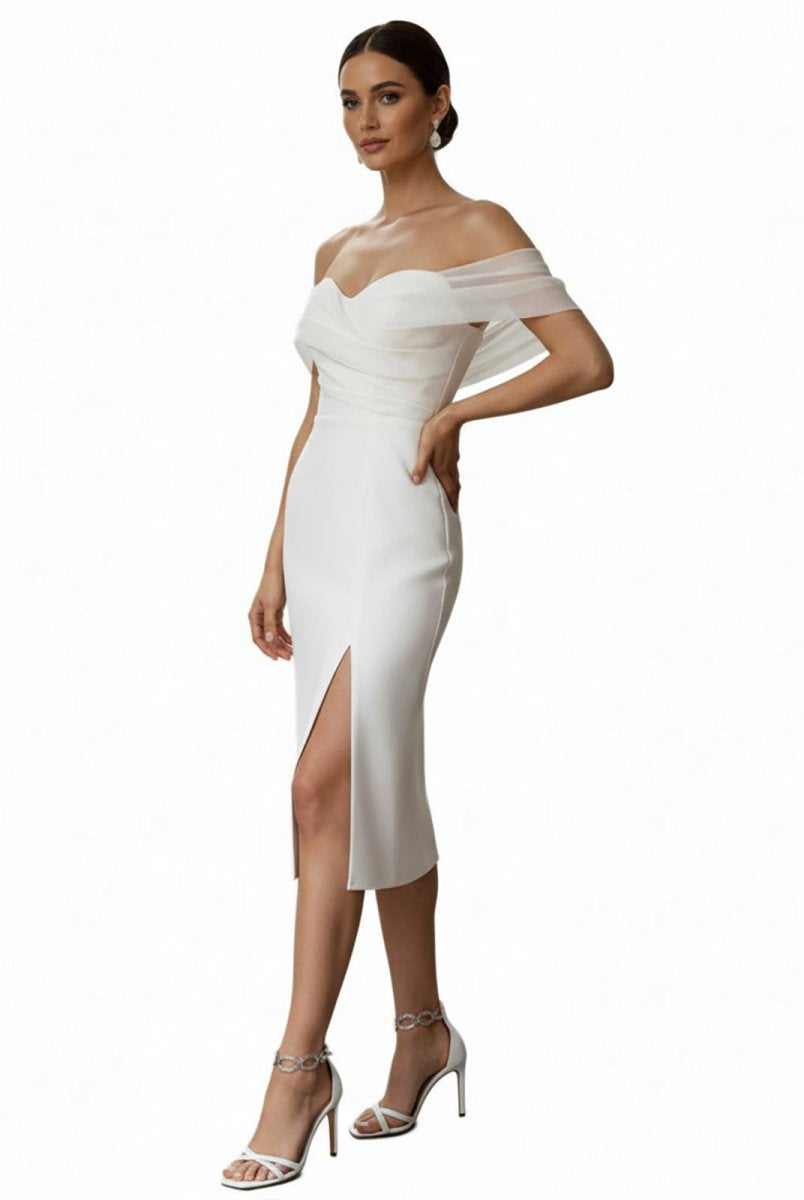 Celestia | Sheath Off - The - Shoulder Sleeveless Tea - Length Wedding Dresses - KissProm