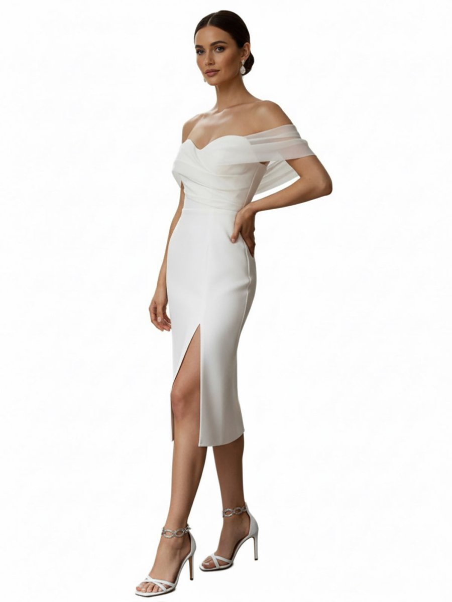 Celestia | Sheath Off - The - Shoulder Sleeveless Tea - Length Wedding Dresses - KissProm