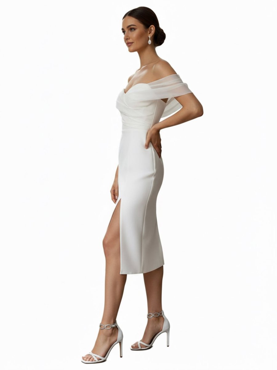 Celestia | Sheath Off - The - Shoulder Sleeveless Tea - Length Wedding Dresses - KissProm