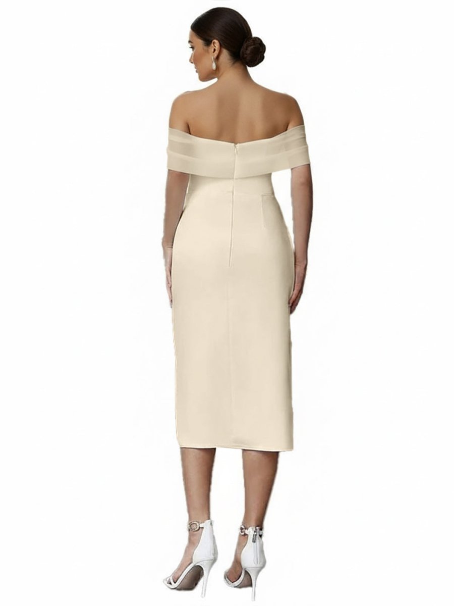 Celestia | Sheath Off - The - Shoulder Sleeveless Tea - Length Wedding Dresses - KissProm