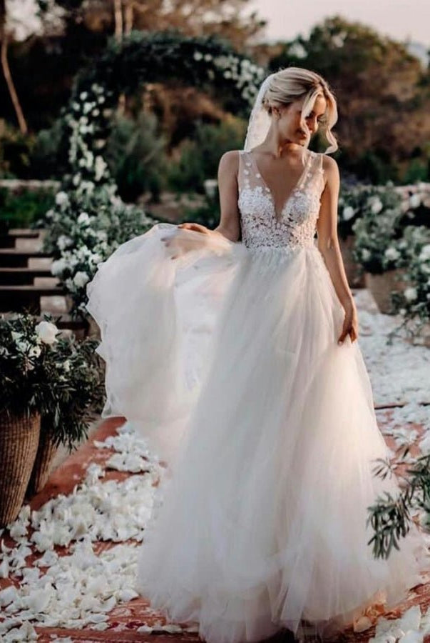 Bohemian Sexy Deep V Neck Sleeveless Lace Appliques A - Line Country Wedding Dresses - KissProm
