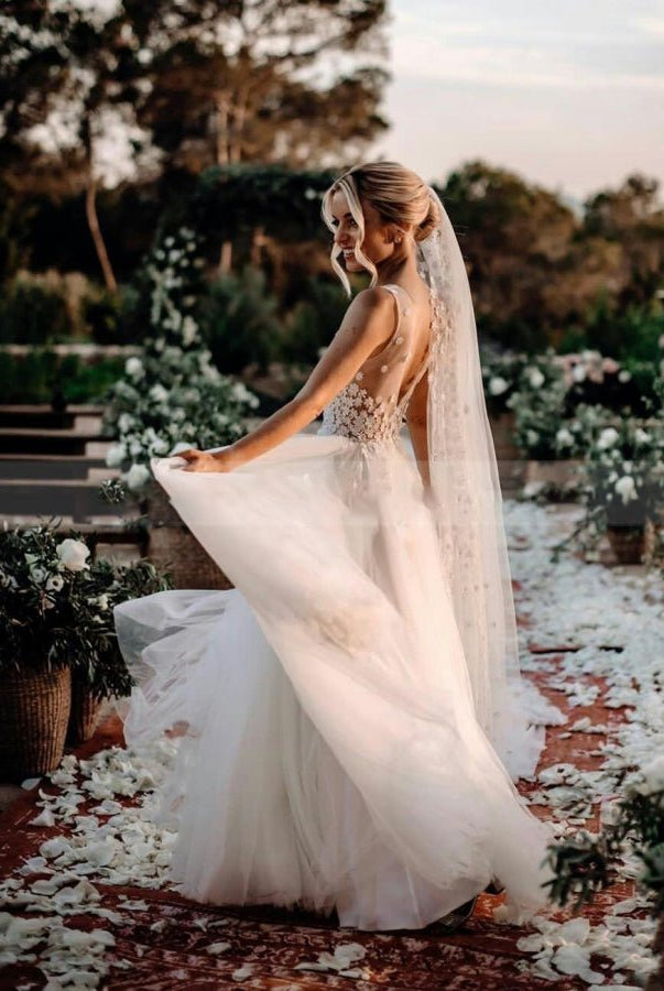 Bohemian Sexy Deep V Neck Sleeveless Lace Appliques A - Line Country Wedding Dresses - KissProm