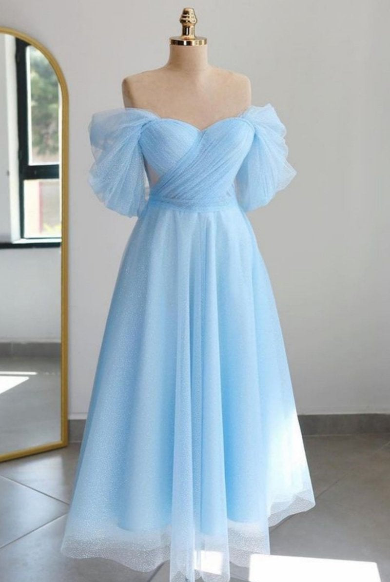 Prima | Shiny Tulle Off the Shoulder Light Blue Tea Length Prom Dress