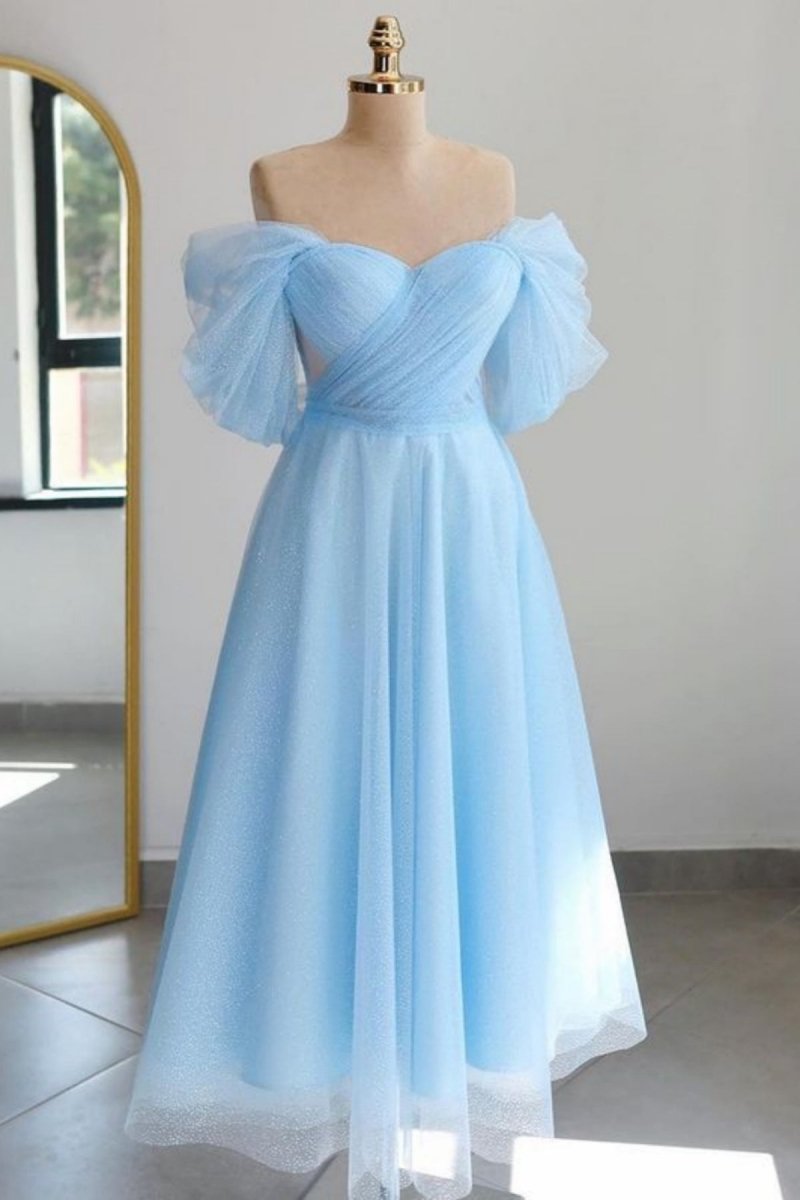 Shiny Tulle Off the Shoulder Light Blue Tea Length Prom Dress Sky Blue / 16 Shiny Tulle Off the Shoulder Light Blue Tea Length Prom Dress Sky Blue / 16