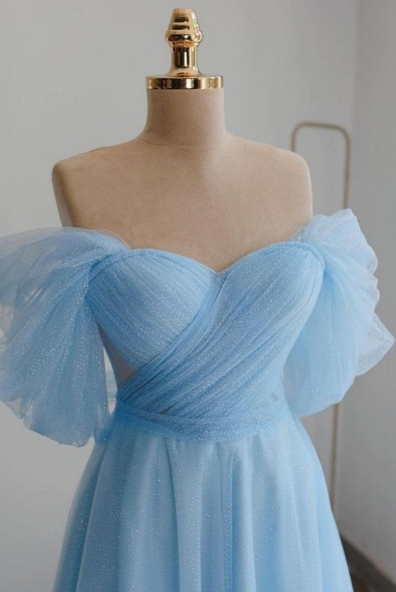 Prima | Shiny Tulle Off the Shoulder Light Blue Tea Length Prom Dress