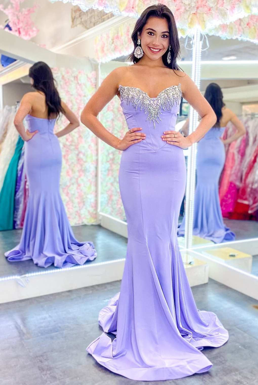 Lavender Strapless Trumpet Long Formal Gown with Rhinestones - KissProm