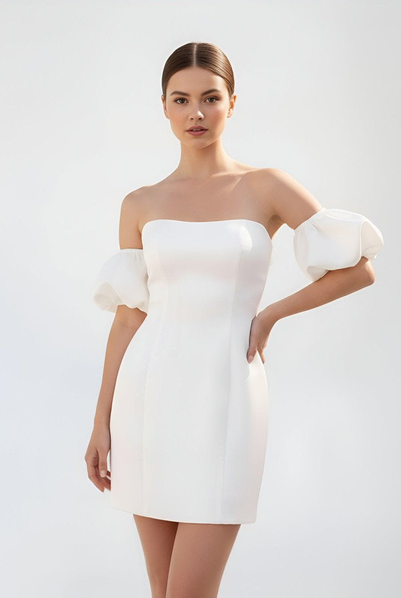 Short Satin White Wedding Dress Strapless Off the Shoulder - KissProm