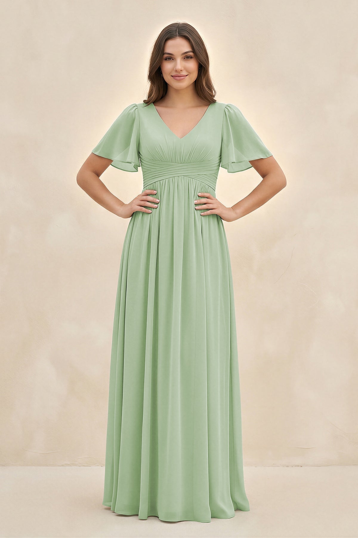 Short Sleeve Chiffon V-Neck A-Line Bridesmaid Dress in Sage