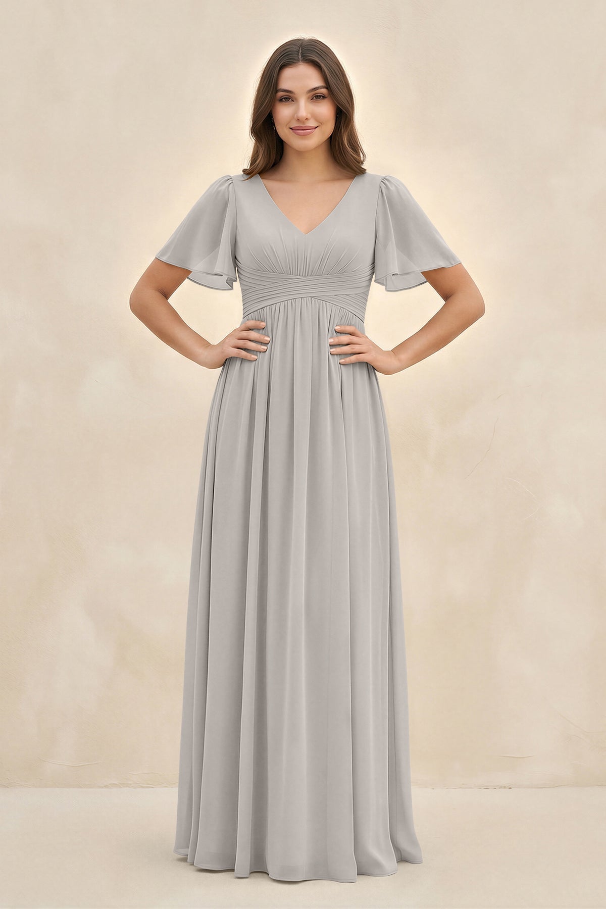 Short Sleeve Chiffon V-Neck A-Line Bridesmaid Dress in Silver Short Sleeve Chiffon V-Neck A-Line Bridesmaid Dress in Silver