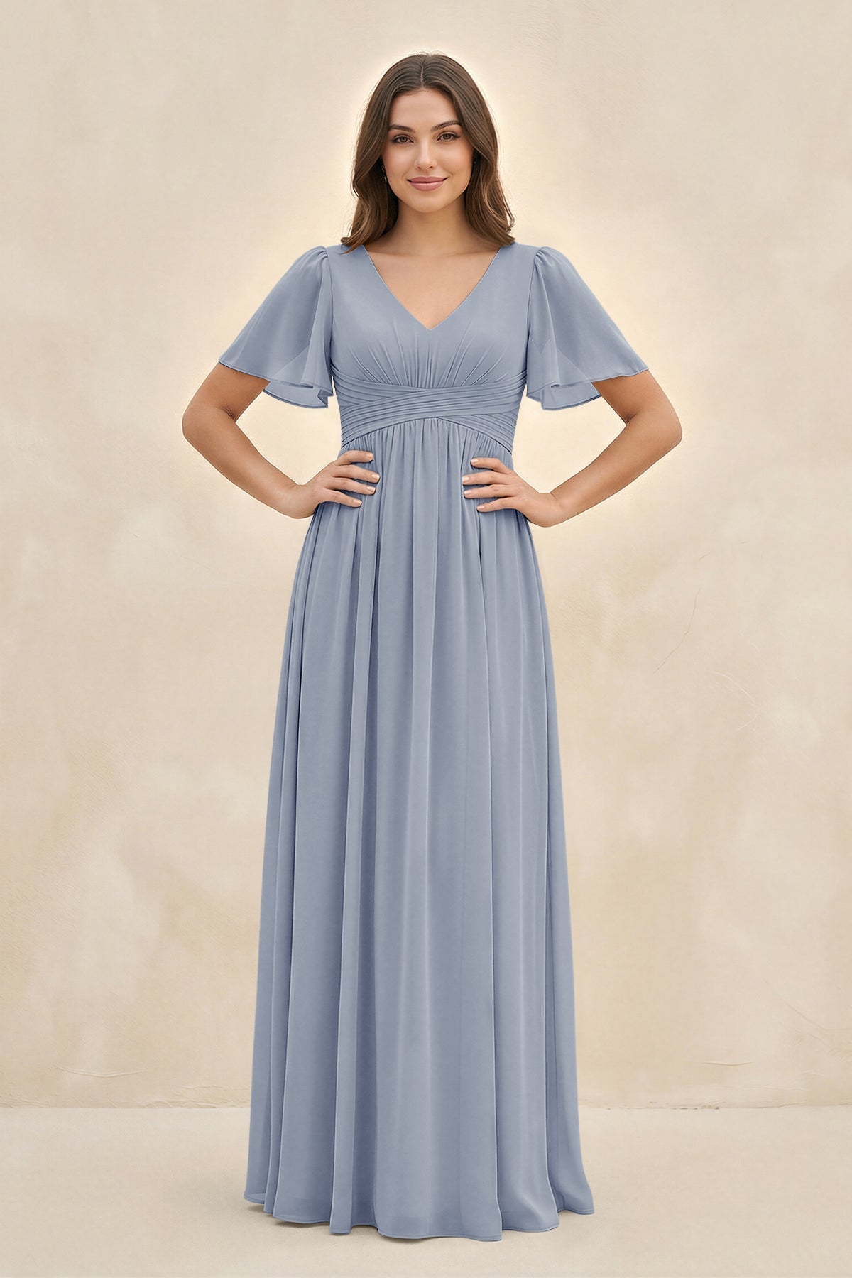 KissProm Short Sleeve Chiffon V-Neck A-Line Bridesmaid Dress in Twilight, Twilight / 26