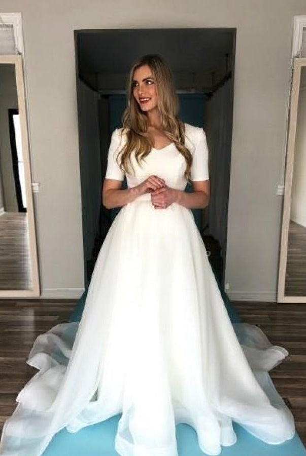 Short Sleeve V - Neck Simpe Pure White Modest Wedding Gown with Long Train - KissProm