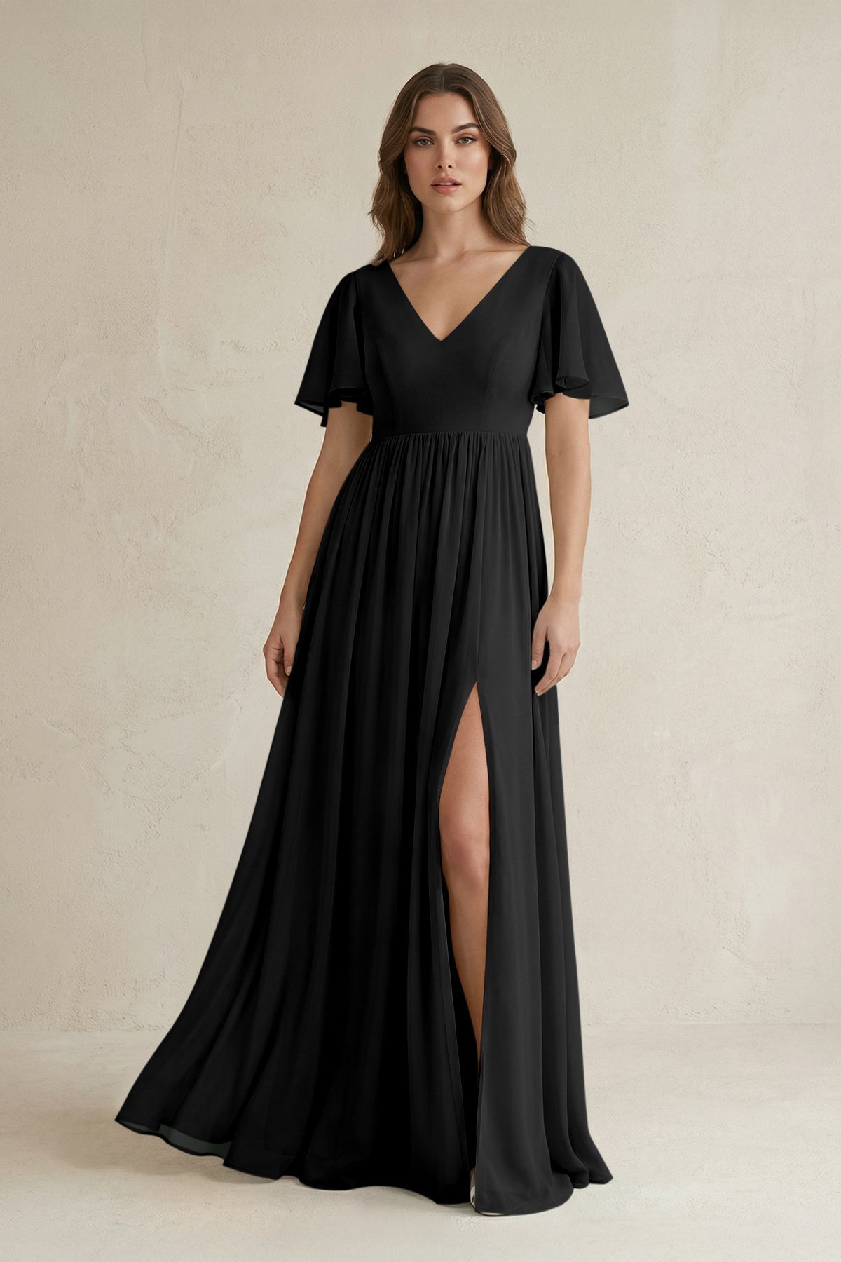 short black bridesmaid dresses KissProm Sleeve V-Neck A-Line Chiffon Dress in Black, / 18 black slit dresses Velvet back-to-black within 15 days Length:Long
