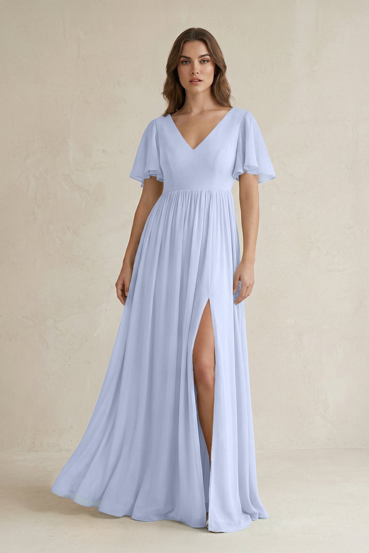 KissProm Short Sleeve V-Neck A-Line Chiffon Bridesmaid Dress in Ice, Ice / 22